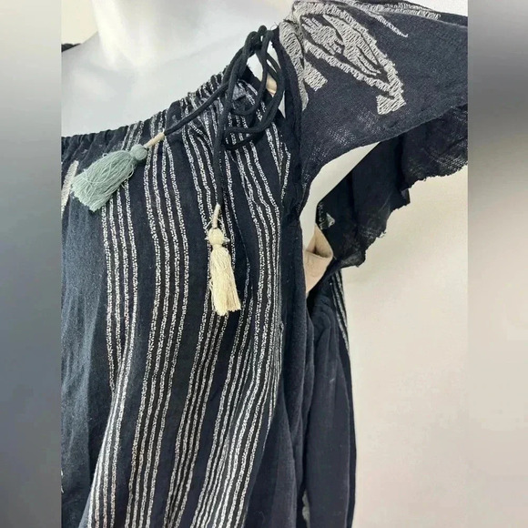 FREE PEOPLE  Black Embroidered Short Sleeve Peasant Top - Picture 3 of 7